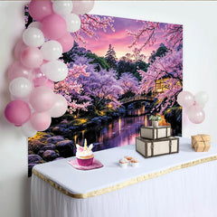 Lofaris Romantischer rosa Kirschblütenlandschaft Hintergrund mit Brücke, idyllische Kulisse für professionelles Fotostudio