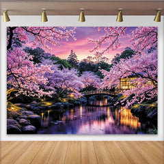 Lofaris Romantischer rosa Kirschblütenlandschaft Hintergrund mit Brücke, idyllische Kulisse für professionelles Fotostudio