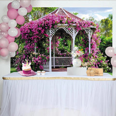 Lofaris Romantischer Blumen-Gartenlaube Fotohintergrund mit pinken Blüten, idyllische Naturkulisse für Hochzeiten und Porträts