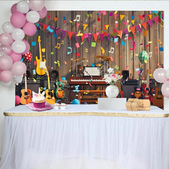 Lofaris Bunter Musikparty-Hintergrund mit Instrumenten und Konfetti, fröhliche Fotokulisse für Partys und Events