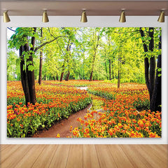 Lofaris Idyllischer Frühlingslandschaft Hintergrund mit orangefarbenen Tulpen, lebendige Fotokulisse für professionelle Fotoshootings