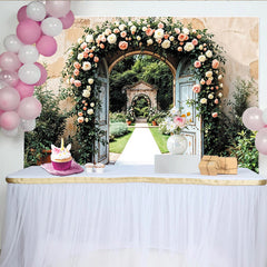 Lofaris Romantischer Blumenbogen-Hintergrund mit rosa Rosen für Hochzeiten, rustikale Garten-Fotowand für elegante Events
