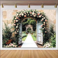 Lofaris Romantischer Blumenbogen-Hintergrund mit rosa Rosen für Hochzeiten, rustikale Garten-Fotowand für elegante Events