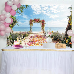 Lofaris Romantischer Strand Hochzeitshintergrund mit Blumenbogen, elegante Kulisse für Hochzeitsfotos und Eventdekoration