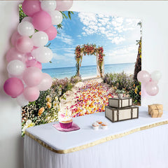 Lofaris Romantischer Strand Hochzeitshintergrund mit Blumenbogen, elegante Kulisse für Hochzeitsfotos und Eventdekoration