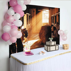 Lofaris Rustikaler Stall-Fotohintergrund mit goldenem Sonnenlicht und Heu, warme Kulisse für Porträt und ländliche Fotoshootings