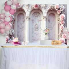 Lofaris Rosa Blumen-Architektur-Hintergrund mit Säulen und Relief, romantische Kulisse für Hochzeiten und Fotoshootings