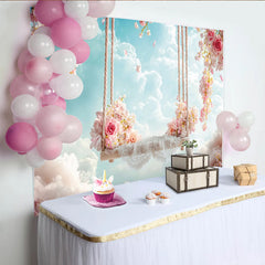 Lofaris: Rosa Frühlingsblumen-Schaukelhintergrund mit Wolken und Spitze, verträumte Kulisse für Baby- und Kinderfotografie