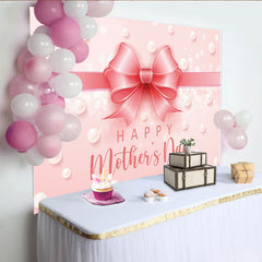 Lofaris Rosa Muttertagshintergrund mit Schleife und Perlen für festliche Fotos, elegante Kulisse für Mütter und Familienfotoshootings