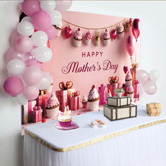 Lofaris Rosa Happy Mother's Day Muttertagshintergrund mit Cupcakes, elegante Fotowand mit Geschenkboxen und Luftballons für Fotoshooting