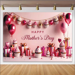 Lofaris Rosa Happy Mother's Day Muttertagshintergrund mit Cupcakes, elegante Fotowand mit Geschenkboxen und Luftballons für Fotoshooting