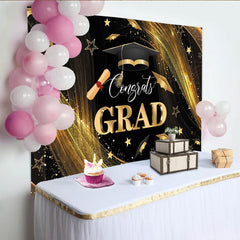 Lofaris Schwarz Gold Abschlussfeier-Hintergrund mit Sternen und Doktorhüten, elegante Fotowand für Abschlussfeier-Dekoration und Fotoshooting