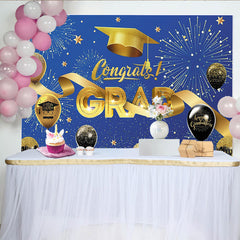 Lofaris Blau Gold Abschlussfeierhintergrund mit Feuerwerk Luftballons Doktorhut, glänzende Kulisse für Graduierungsfeier Dekoration