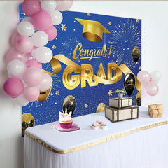 Lofaris Blau Gold Abschlussfeierhintergrund mit Feuerwerk Luftballons Doktorhut, glänzende Kulisse für Graduierungsfeier Dekoration
