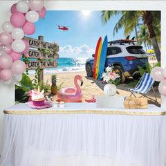 Lofaris Sommerlicher Strandfotohintergrund mit Surfbrettern und Palmen, perfekte Fotokulisse für Urlaub und tropische Abenteuer