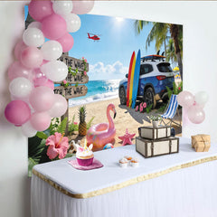 Lofaris Sommerlicher Strandfotohintergrund mit Surfbrettern und Palmen, perfekte Fotokulisse für Urlaub und tropische Abenteuer