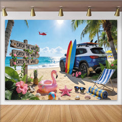 Lofaris Sommerlicher Strandfotohintergrund mit Surfbrettern und Palmen, perfekte Fotokulisse für Urlaub und tropische Abenteuer