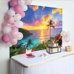 Lofaris Tropischer Sonnenuntergangs-Strandhintergrund mit Palmen und farbenfrohem Himmel, perfekte Fotokulisse für Urlaubsstimmung