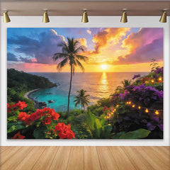 Lofaris Tropischer Sonnenuntergang Hintergrund mit Palmen und farbenfrohem Himmel, romantische Strandkulisse für Urlaubsfotos und Dekoration