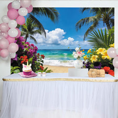 Lofaris Tropischer Strand Fotohintergrund mit Palmen und türkisem Meer, farbenfrohe Kulisse für Sommerparty und Fotostudio