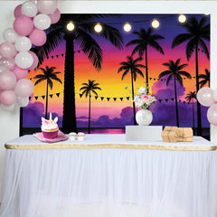 Lofaris Leuchtender Tropischer Sonnenuntergang Fotohintergrund mit Palmen und Lichterketten, festliche Strandkulisse für Sommerparty Dekoration