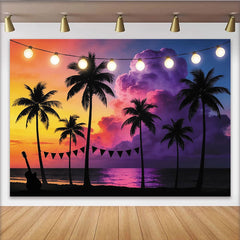Lofaris Tropischer Sonnenuntergang Party Hintergrund mit Palmen und Lichterkette, bunte Strand Kulisse für Fotoshooting