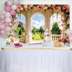 Lofaris Romantischer floraler Hochzeitshintergrund mit rosa Rosen und Bögen, elegante Fotowand für Hochzeitsfeier und Fotoshooting