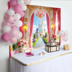 Lofaris Rosa Märchenschloss Fotohintergrund mit goldenen Akzenten, wunderschöne Schloss-Kulisse für Kindergeburtstag Fotoshooting