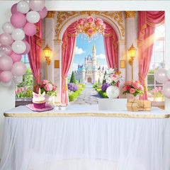 Lofaris Rosa Märchenschloss-Fotohintergrund mit goldenen Akzenten für Prinzessinnen, elegante Fotokulisse für Kindergeburtstage