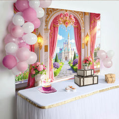 Lofaris Rosa Märchenschloss-Fotohintergrund mit goldenen Akzenten für Prinzessinnen, elegante Fotokulisse für Kindergeburtstage