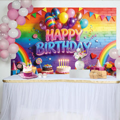 Lofaris Regenbogen Geburtstagshintergrund mit Happy Birthday Schriftzug, bunte Luftballons und Ziegelwand als Party Fotowand