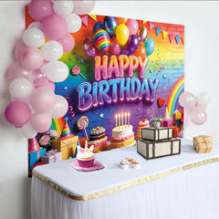 Lofaris Regenbogen Geburtstagshintergrund mit Happy Birthday Schriftzug, bunte Luftballons und Ziegelwand als Party Fotowand