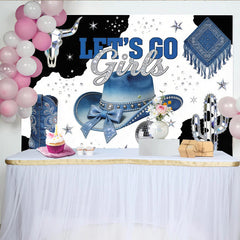 Lofaris Blauer Glitzer-Cowgirl-Fotohintergrund mit Let's Go Girls Schriftzug und Disco-Kugel, stylische Western-Kulisse für Events