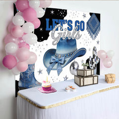 Lofaris Blauer Glitzer-Cowgirl-Fotohintergrund mit Let's Go Girls Schriftzug und Disco-Kugel, stylische Western-Kulisse für Events