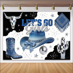 Lofaris Blauer Glitzer-Cowgirl-Fotohintergrund mit Let's Go Girls Schriftzug und Disco-Kugel, stylische Western-Kulisse für Events