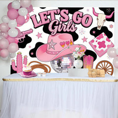 Lofaris Rosa Cowgirl-Geburtstagshintergrund "Let's Go Girls" mit Disco-Hut, Western-Party-Kulisse für Fotoshootings