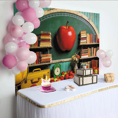Lofaris Roter Apfel Bücher Klassenzimmer Hintergrund für Schulanfang, Vintage grüne Fotowand für Lehrer und professionelles Fotoshooting