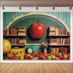 Lofaris Roter Apfel Bücher Klassenzimmer Hintergrund für Schulanfang, Vintage grüne Fotowand für Lehrer und professionelles Fotoshooting
