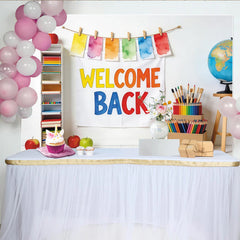 Lofaris Bunter Schulanfang Hintergrund mit Welcome Back Text und Schulmaterialien, fröhliche Fotowand für Klassenzimmer Dekoration