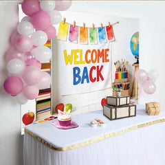 Lofaris Bunter Schulanfang Hintergrund mit Welcome Back Text und Schulmaterialien, fröhliche Fotowand für Klassenzimmer Dekoration