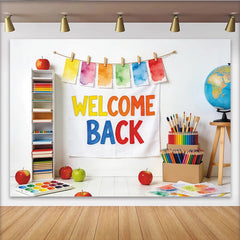 Lofaris Bunter Schulanfang Hintergrund mit Welcome Back Text und Schulmaterialien, fröhliche Fotowand für Klassenzimmer Dekoration