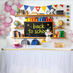 Lofaris Bunter Schulanfangshintergrund mit Tafel Büchern und Rucksäcken, fröhliche Fotowand für Einschulungsfeier Dekoration