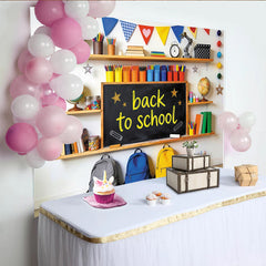 Lofaris Bunter Schulanfangshintergrund mit Tafel Büchern und Rucksäcken, fröhliche Fotowand für Einschulungsfeier Dekoration