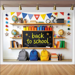 Lofaris Bunter Schulanfangshintergrund mit Tafel Büchern und Rucksäcken, fröhliche Fotowand für Einschulungsfeier Dekoration