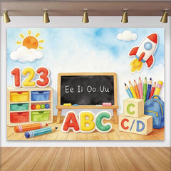 Lofaris Bunter Schulanfang-Hintergrund mit ABC-Blöcken und Rakete, fröhliche Klassenzimmer-Kulisse für Kinder