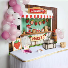 Lofaris Roter Erdbeerstand-Fotohintergrund für Cake-Smash-Fotos, holzige Fotowand für sommerliche Partydekoration