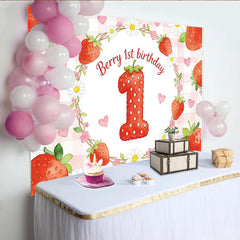 Lofaris Erdbeer-Geburtstagshintergrund für Mädchen zum 1. Geburtstag, rosa karierte Fotowand mit Gänseblümchen für die Party