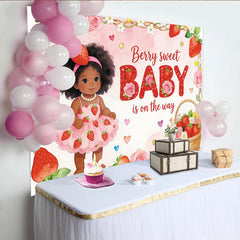 Lofaris Erdbeer Babyparty Hintergrund mit süßem Baby und Blumen, dekoratives Banner für eine sommerliche Babyparty