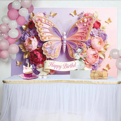 Lofaris Schmetterling-Geburtstagshintergrund mit Blumen und goldenen Akzenten, elegante Fotokulisse für Mädchengeburtstag