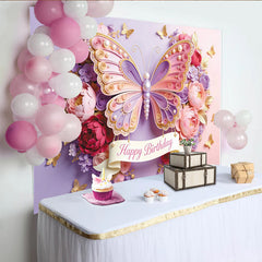 Lofaris Schmetterling-Geburtstagshintergrund mit Blumen und goldenen Akzenten, elegante Fotokulisse für Mädchengeburtstag